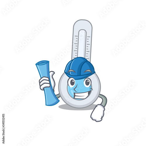 Cartoon character of cold thermometer brainy Architect with blue prints and blue helmet