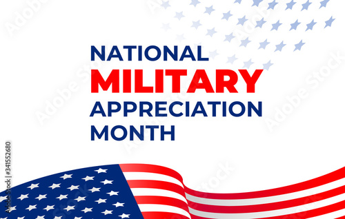 National military Appreciation Month. Vector banner, poster, card for social networks, media with the text: National military Appreciation Month. Wavy US flag on a white background.