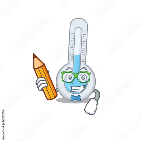 A brainy student cold thermometer cartoon character with pencil and glasses