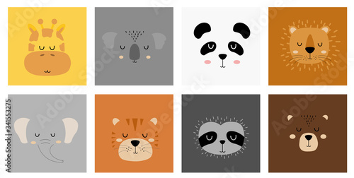 Set of cute hand drawn sleeping animals characters. Cartoon zoo. Vector illustration. Giraffe, koala, panda, lion, elephant, tiger, sloth and bear.