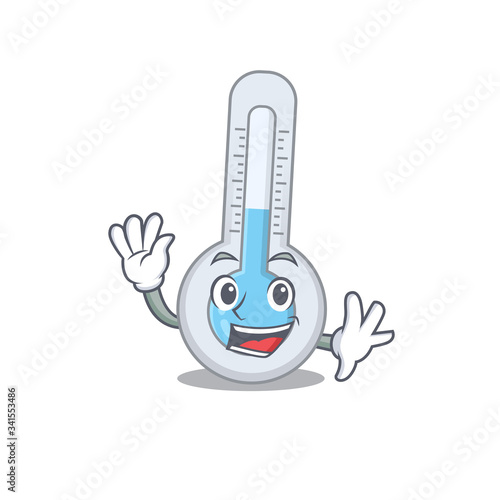 A charismatic cold thermometer mascot design style smiling and waving hand