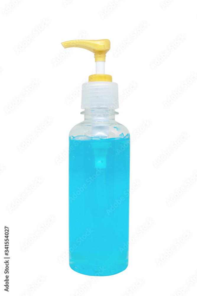 Healthcare Concept : Blue alcohol gel in pump clear bottle for hand washing to protect bacteria isolated on white background. Healthcare Concept : Blue alcohol gel in pump clear bottle for hand washing to protect bacteria isolated on white background.
