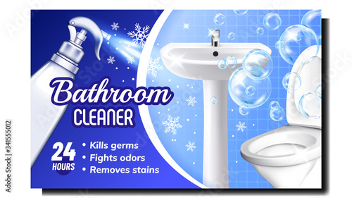 Bathroom Cleaner Creative Advertise Poster Vector. Ceramic Toilet And Sink, Snowflakes, Bubbles And Cleaner Spray Blank Bottle On Promotional Banner. Concept Mockup Realistic 3d Illustration
