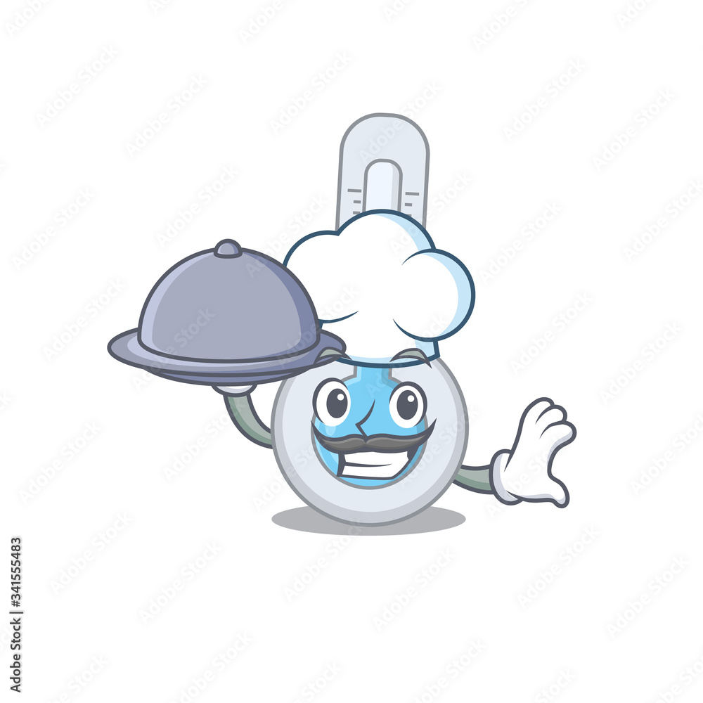 Cold thermometer chef cartoon character serving food on tray Cold thermometer chef cartoon character serving food on tray