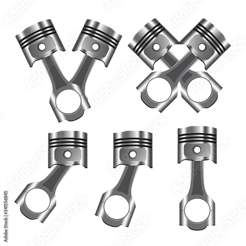 Car Engine Piston, Automobile Detail Set Vector. Collection Of Metallic Piston, Engineering Machine Motor Cylinder Iron Part. Garage Machinery Repair Service Template Realistic 3d Illustrations
