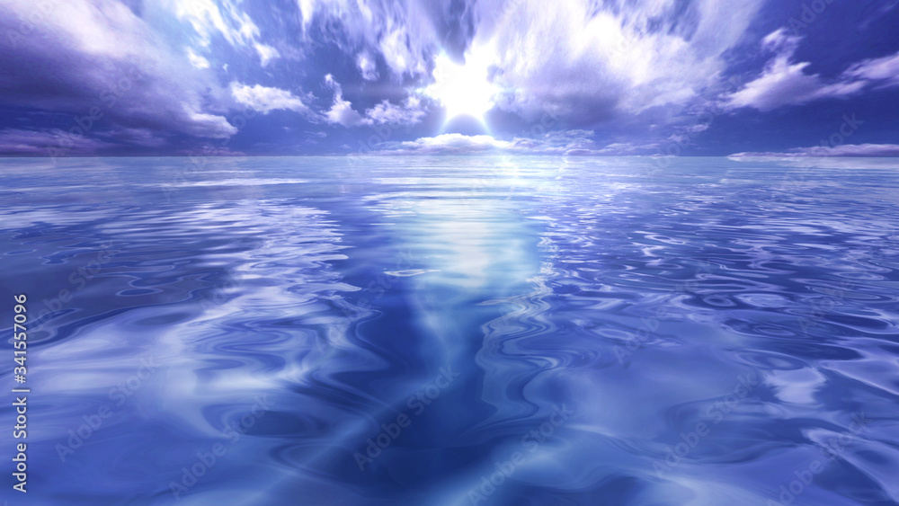 Sea Ocean Water Wave surface sky 3D illustration background.