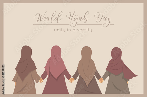 Happy world hijab day. February 1st international day celebration design. Muslim women holding hands together, cartoon vector. photo