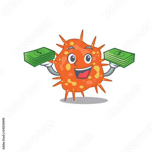 A wealthy burkholderia mallei cartoon character having money on hands