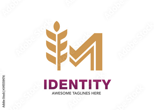 initial letter M with wheat seed logo concept, Agriculture wheat Logo Template vector icon