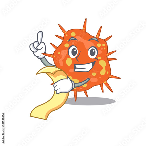 Burkholderia mallei mascot character design with a menu on his hand
