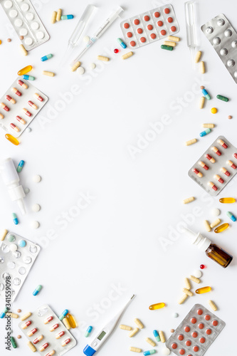 Pharmacy - pills, tablets - flu, cold health care. on white table top view space for text