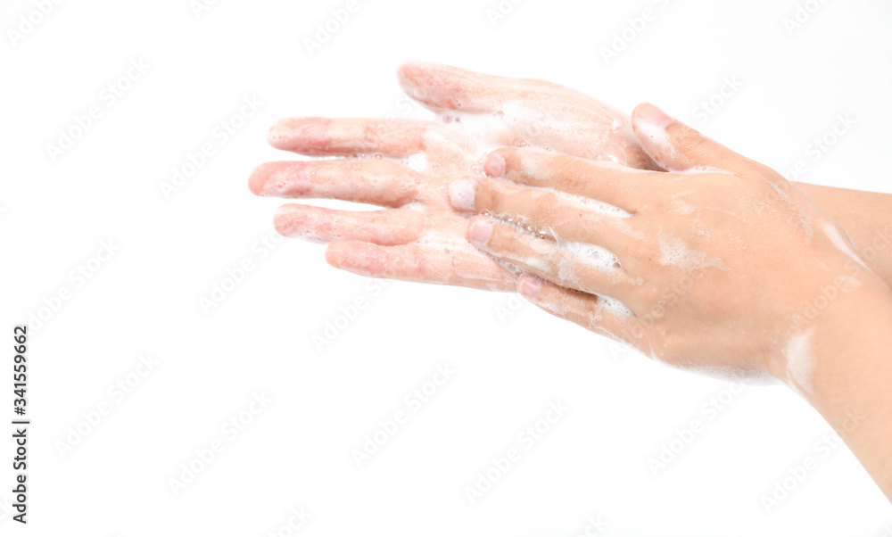Woman use soap and washing hands isolated on white background