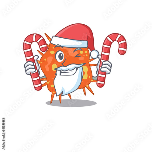 Friendly burkholderia mallei in Santa Cartoon character holds Christmas candies