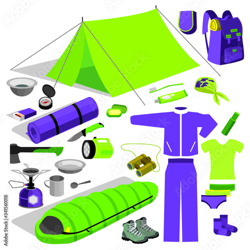 set of tourist, things for a hike, tent, sleeping bag
