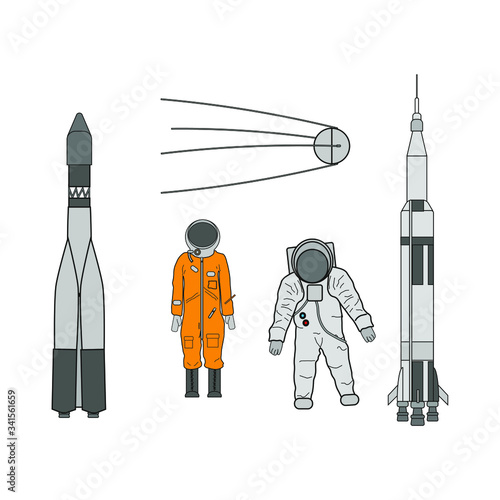 Collection of illustration of the space race between the United States and the former Soviet Union. illustration for web and mobile design.