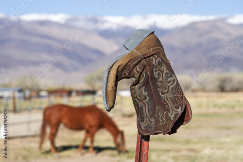 Old Cowboy Boot On Fencepost photo