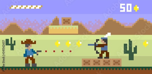 Pixel art western style shooter video game vector template
