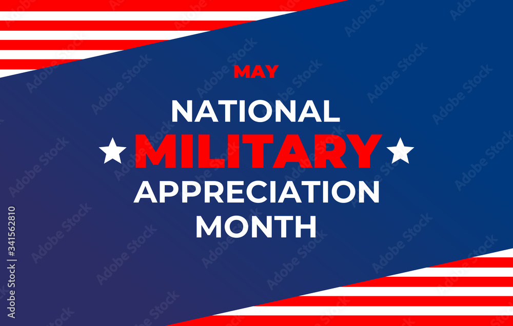 National military Appreciation Month. Banner, poster, card for social networks, media with text: National military Appreciation Month. Wavy US flag on a white background. Vector military illustration.