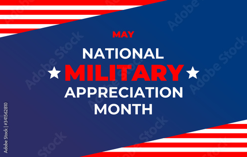 National military Appreciation Month. Banner, poster, card for social networks, media with text: National military Appreciation Month. Wavy US flag on a white background. Vector military illustration.