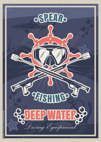 Diving and spearfishing vintage typography poster template, vector illustration
