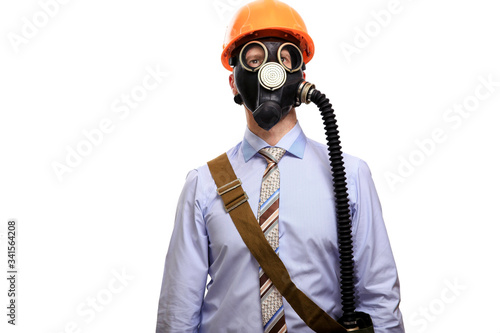 business builder in a gas mask, shirt and tie. Isolated © Arsentyev Vladimir
