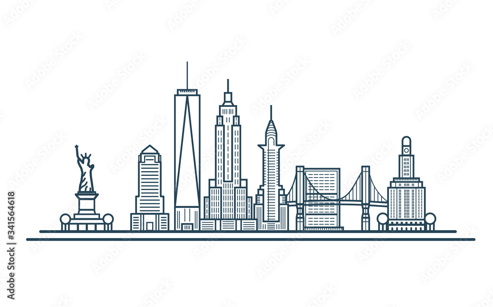 Linear banner of New York city. All buildings - customizable different objects with background fill, so you can change composition for your project.