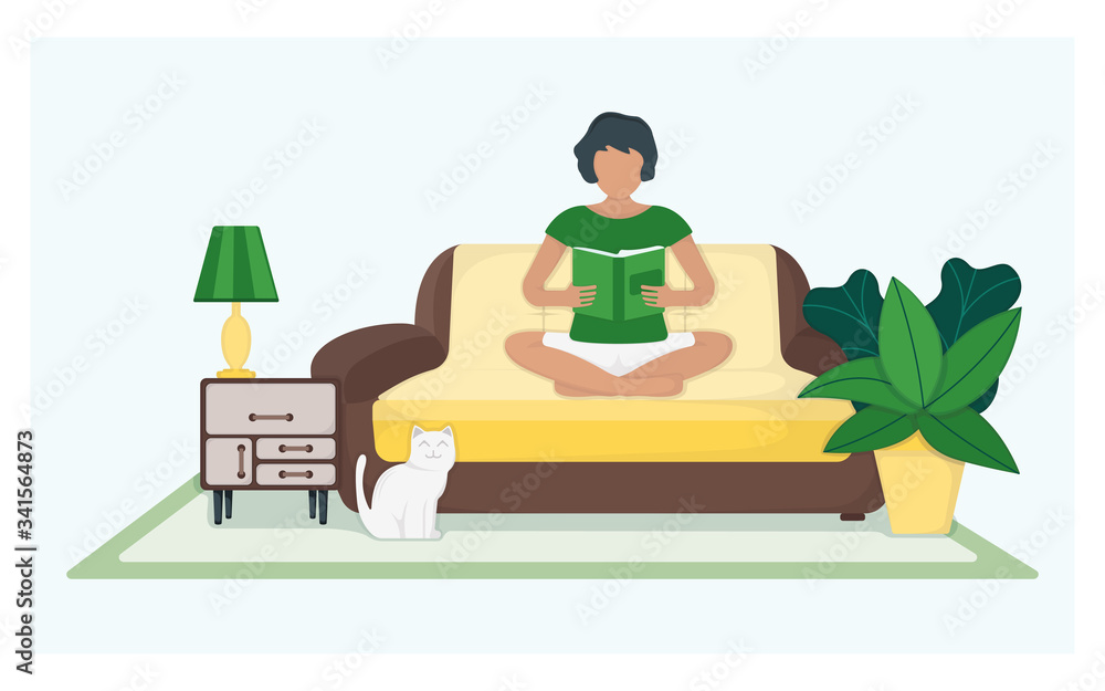 Character female sitting couch and read book with green leaf pot and cat, woman rest isolated on blue, flat vector illustration. Character female sitting couch and read book with green leaf pot and cat, woman rest isolated on blue, flat vector illustration.