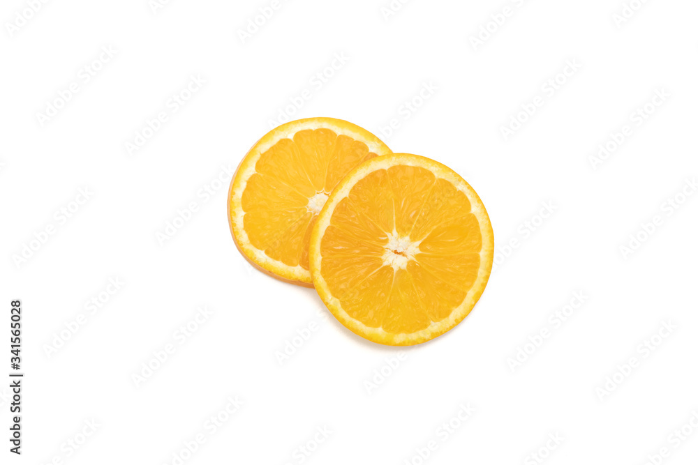 Fototapeta premium Cut slice of orage ready for orange juice top view isolated white background