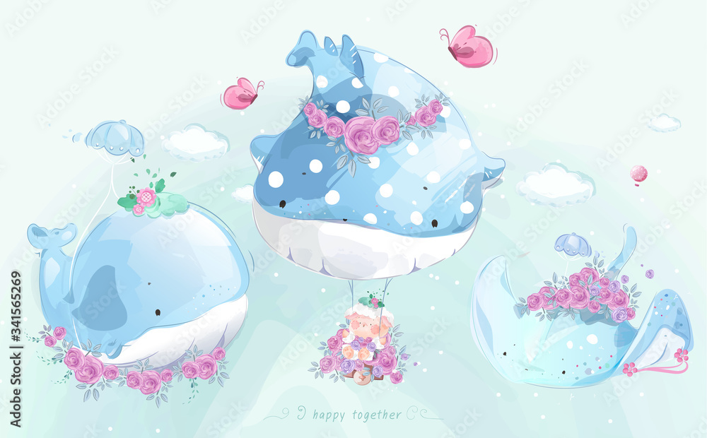 A cute little whale in colorful watercolor style Set.