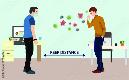Social distancing to care from covid 19 virus and protect from corona virus disease. Keep distance while someone coughing and sneezing. Human spreading virus at office area. Poster for epidemic. © awesome artt