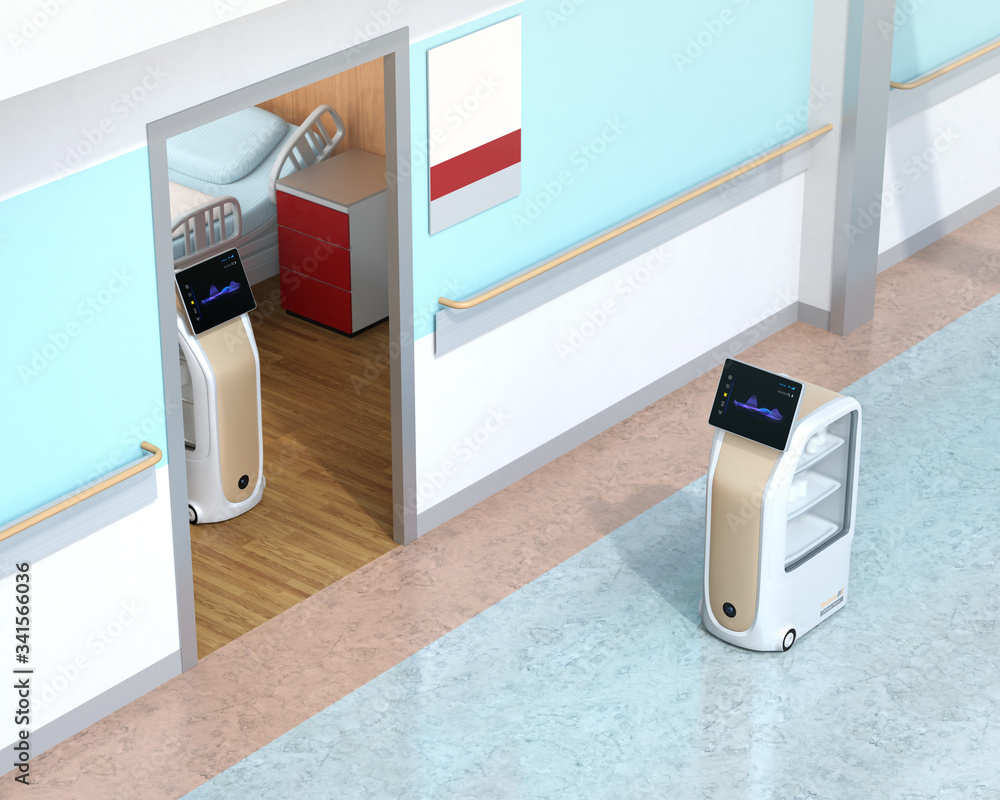 Medical delivery robots working in hospital. Infection prevention