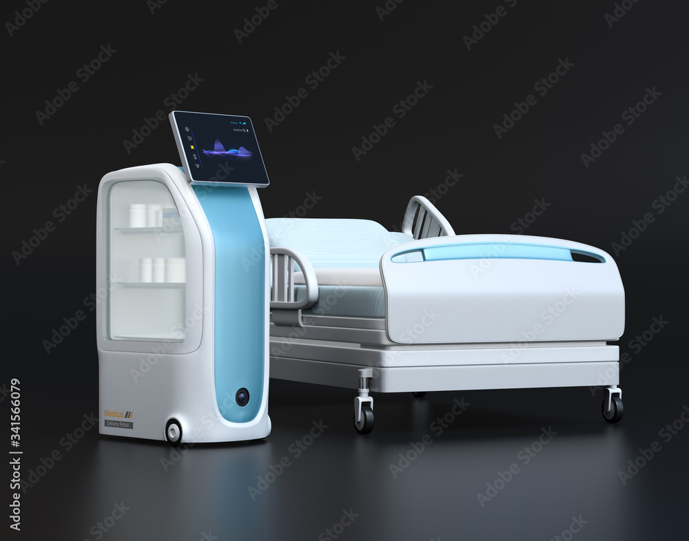Medical delivery robot and bed on black background. Infection prevention concept. 3D rendering image. Medical delivery robot and bed on black background. Infection prevention concept. 3D rendering image.