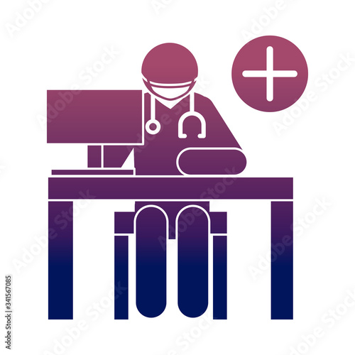 coronavirus covid 19, physician working with computer, health , gradient style icon