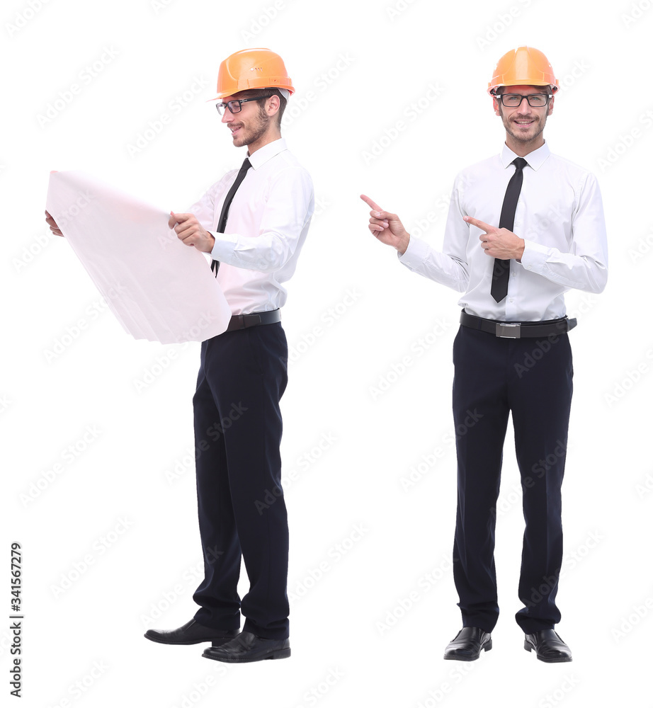 in full growth .smiling architect in orange helmet. in full growth .smiling architect in orange helmet.