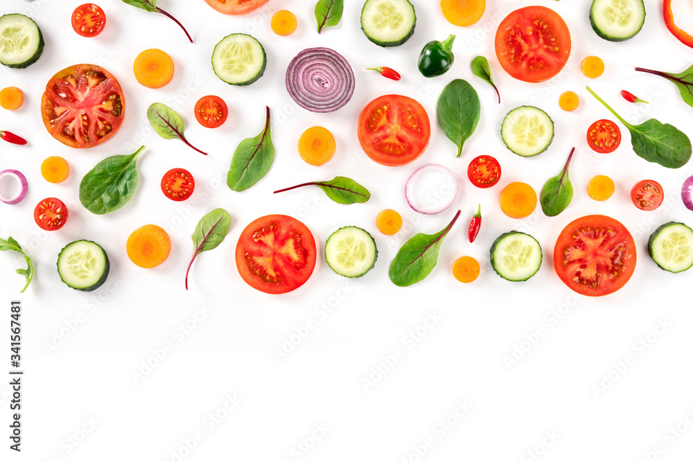 Fresh summer vegetables, a flat lay on a white background, vibrant food pattern, top shot with a place for text, a design template Fresh summer vegetables, a flat lay on a white background, vibrant food pattern, top shot with a place for text, a design template