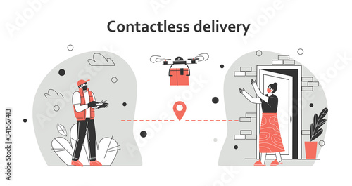 Contactless delivery concept illustration. The courier uses quadcopter to deliver the parcel. At a safe distance to protect form covid-19 or coronavirus. Flat vector illustration.