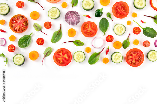 Fresh summer vegetables, a flat lay on a white background, vibrant food pattern, top shot with a place for text, a design template