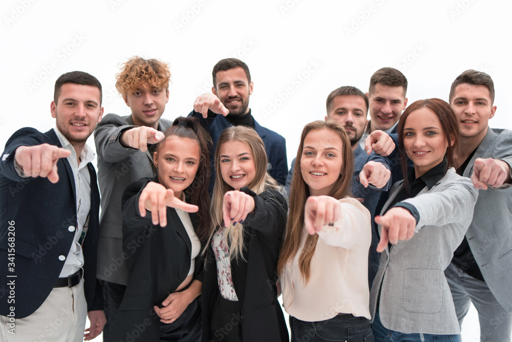 close up . agroup of confident young business people pointing at you