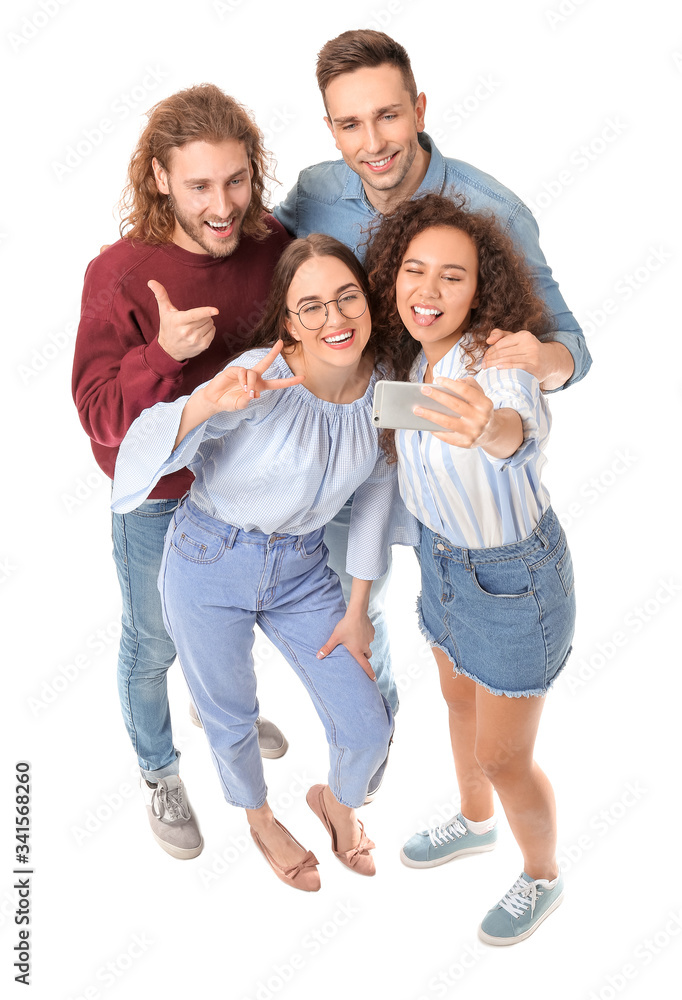 Friends taking selfie on white background Friends taking selfie on white background
