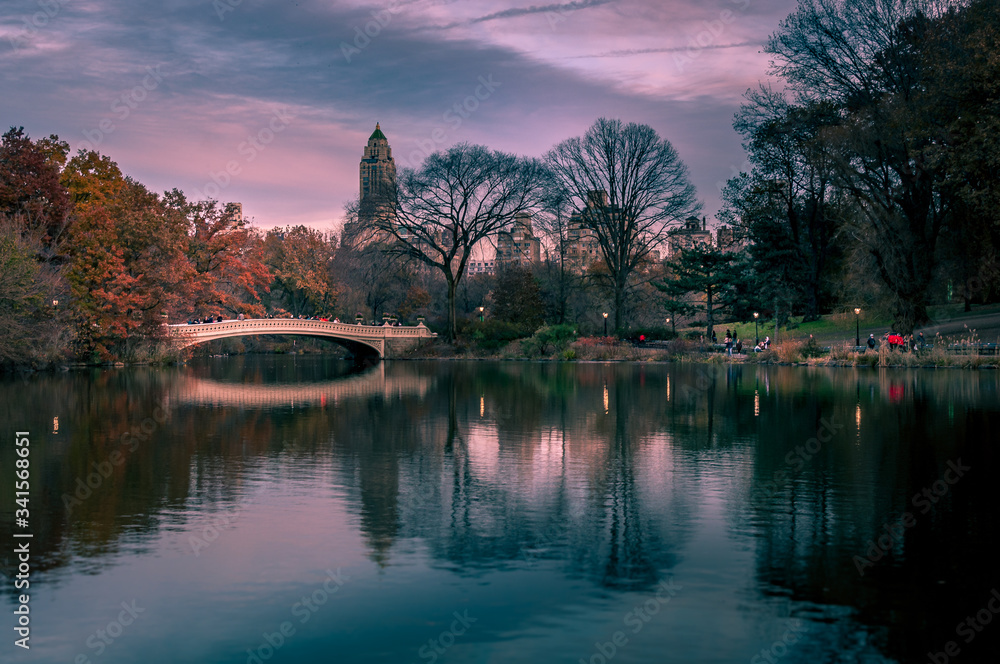 The famous Bow Bridge in Central Park, New York.
Reflection of the bridge and trees in the water. Amazing sunset view with purple-blue cloudy sky in the background.  