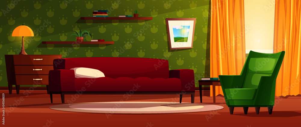 Cozy living room interior in cartoon style. Red sofa, chest of drawers, window with bright light from it and yellow curtains, carpet, shelves and a picture on the wall. Vector illustration for game.