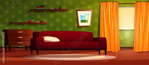 Cozy living room interior in cartoon style. Red sofa, chest of drawers, window with bright light from it and yellow curtains, carpet, shelves and a picture on the wall. Vector illustration for game.