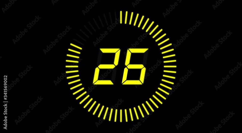 Digital countdown clock, 30 seconds with numbers and circle marking time, 30fps