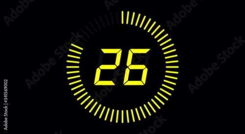 Digital countdown clock, 30 seconds with numbers and circle marking time, 30fps