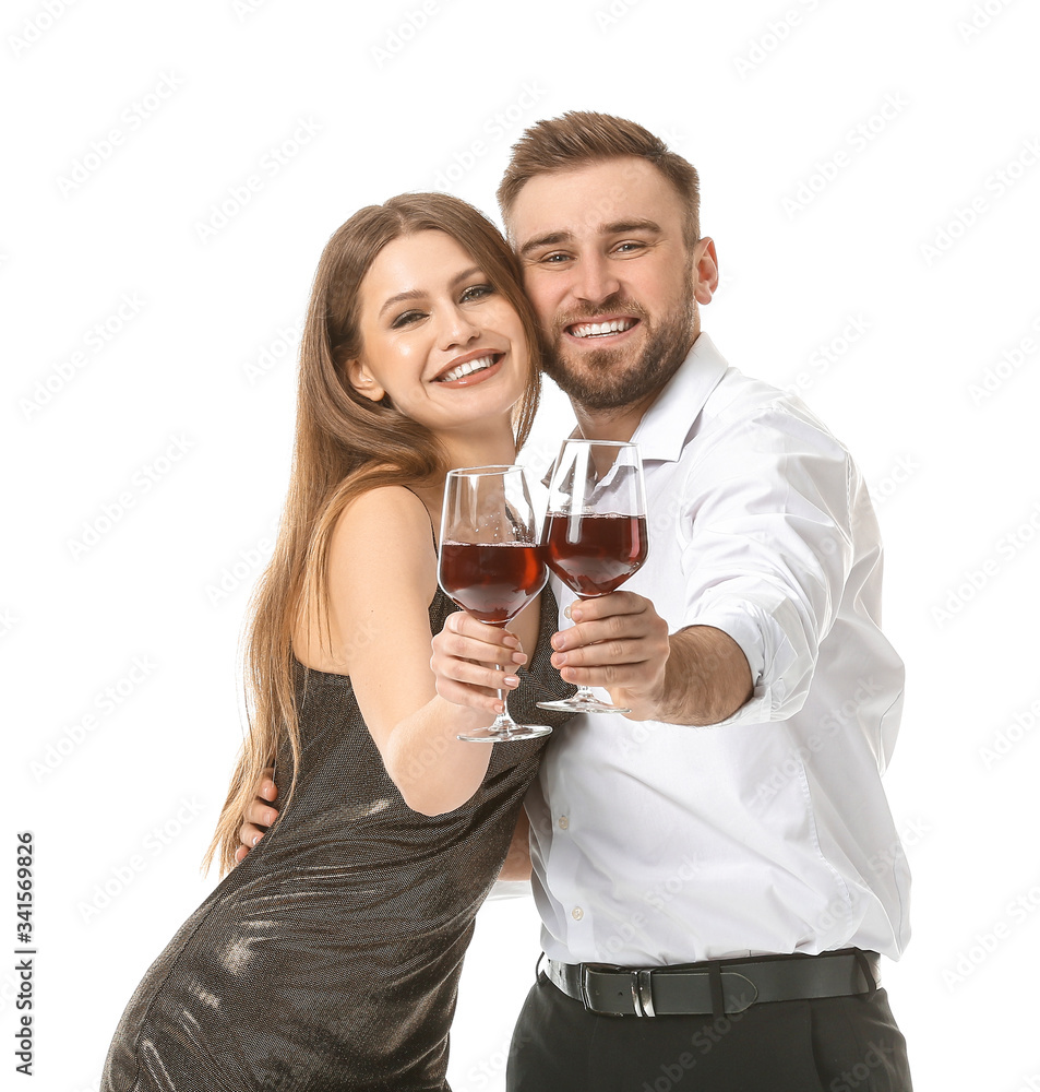 Happy couple with glasses of wine on white background Happy couple with glasses of wine on white background