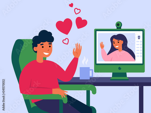 Single man finding love in internet flat vector illustration. Young guy with computer chatting with virtual girlfriend and sending message. Online dating and social network concept