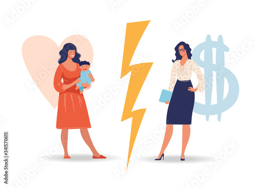 A woman chooses between family and work. The issue of female priorities between childbirth, health, marriage and career, money, business. Flat vector illustration