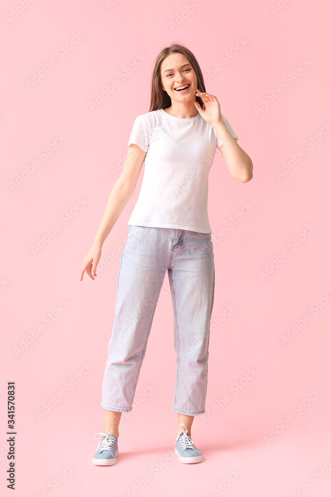 Young woman in stylish t-shirt on color background Young woman in stylish t-shirt on color background