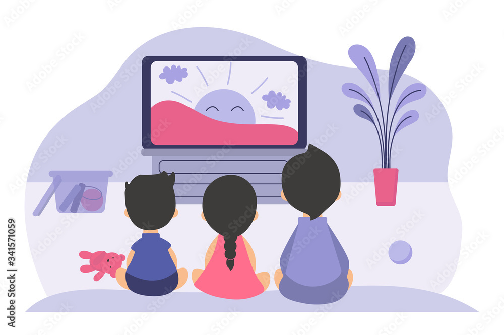 Boys and girls sitting at TV screen and watching cartoon movie for  children. Vector illustration for childhood, television, video, show for  kids concept Stock Vector | Adobe Stock