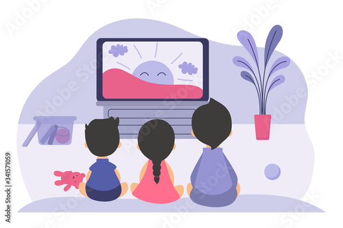 Boys and girls sitting at TV screen and watching cartoon movie for children. Vector illustration for childhood, television, video, show for kids concept